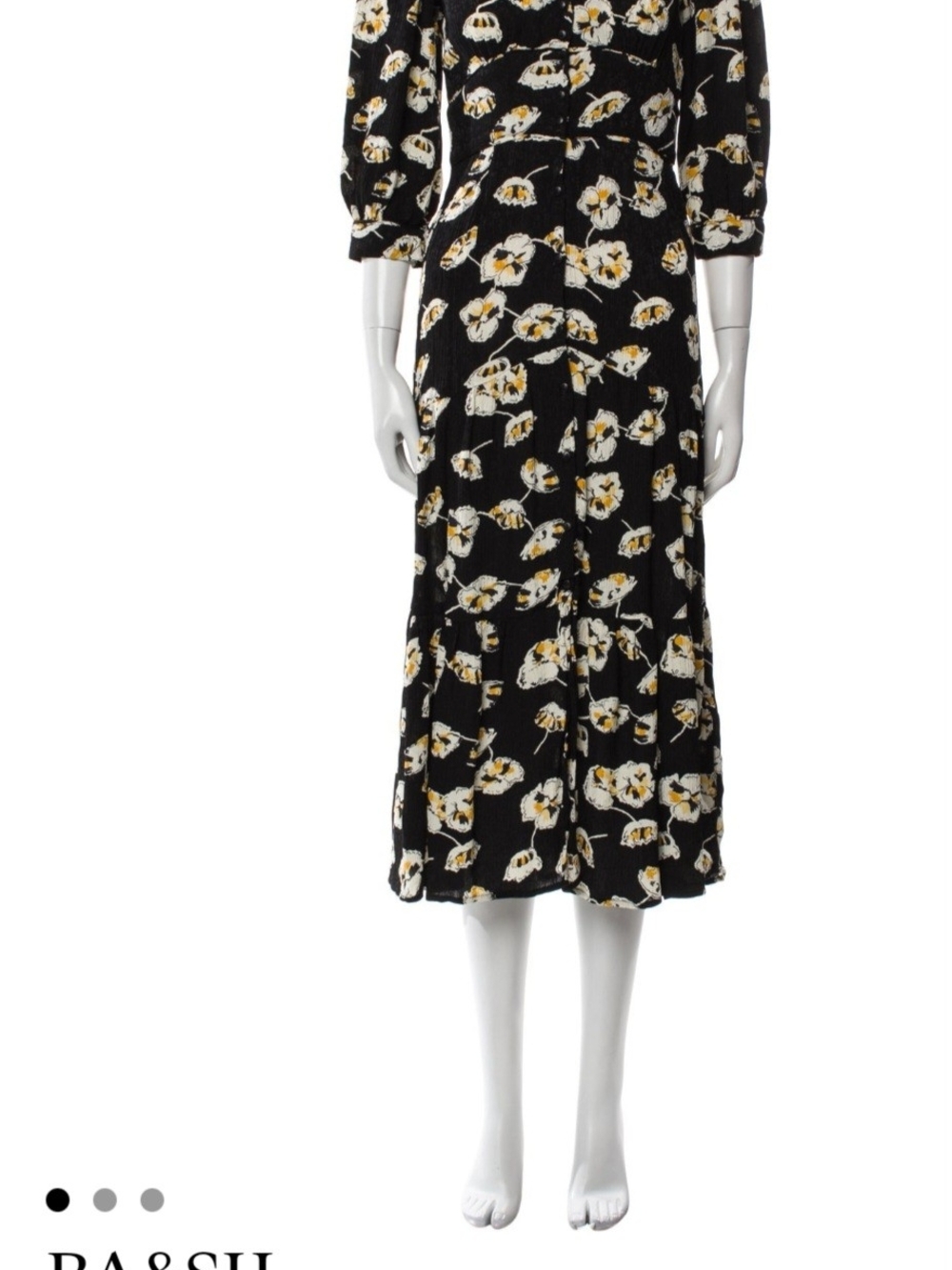 ba&sh Black Midi Dress with White and Yellow Floral Print